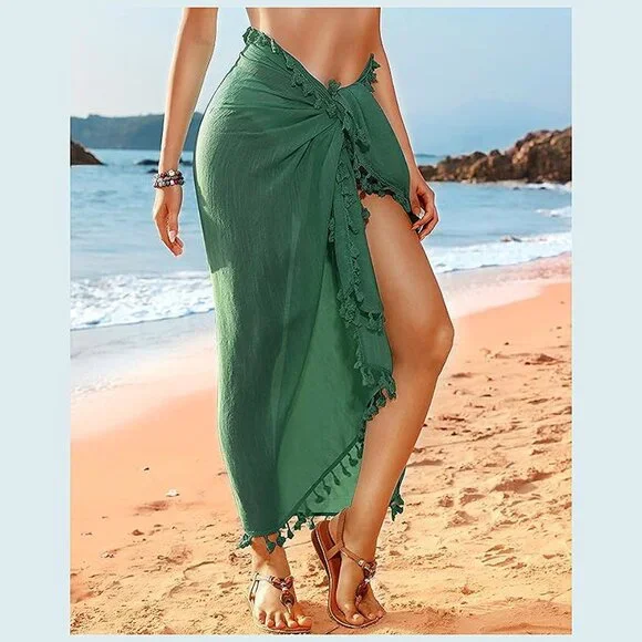 Beach Sarong Pareo Womens Semi-Sheer Swimwear 20-atrovirens-long - Picture 3 of 6